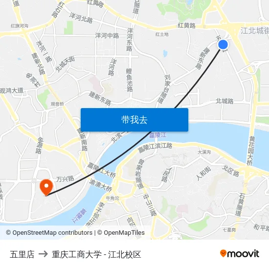 五里店 to 重庆工商大学 - 江北校区 map