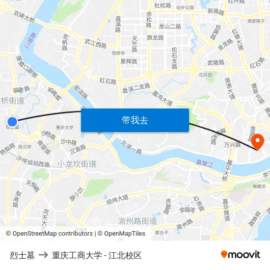 烈士墓 to 重庆工商大学 - 江北校区 map