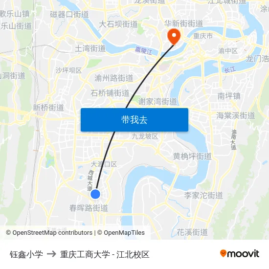 钰鑫小学 to 重庆工商大学 - 江北校区 map