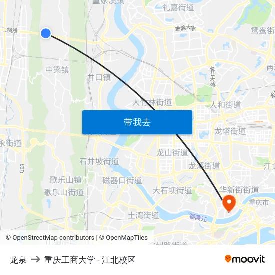 龙泉 to 重庆工商大学 - 江北校区 map