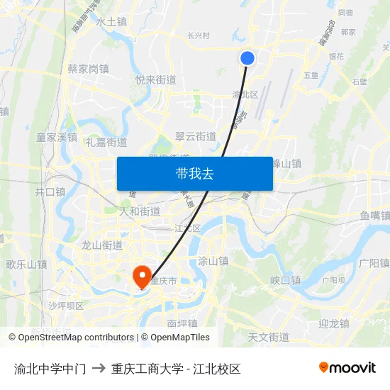 渝北中学中门 to 重庆工商大学 - 江北校区 map