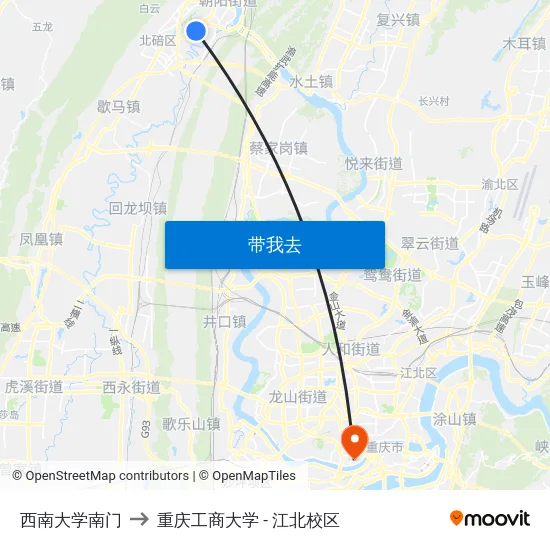 西南大学南门 to 重庆工商大学 - 江北校区 map