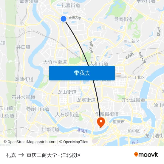 礼嘉 to 重庆工商大学 - 江北校区 map