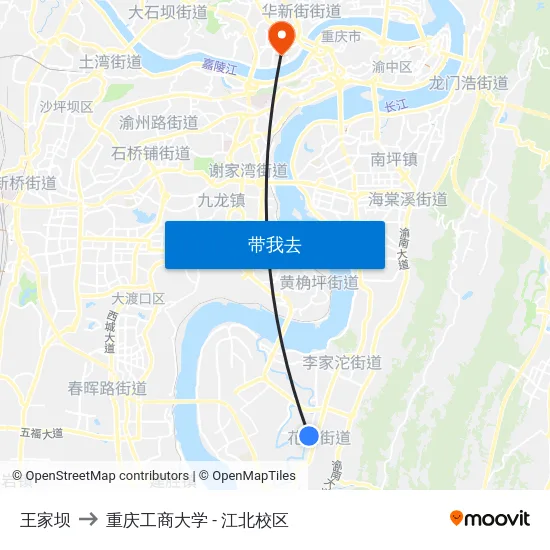 王家坝 to 重庆工商大学 - 江北校区 map