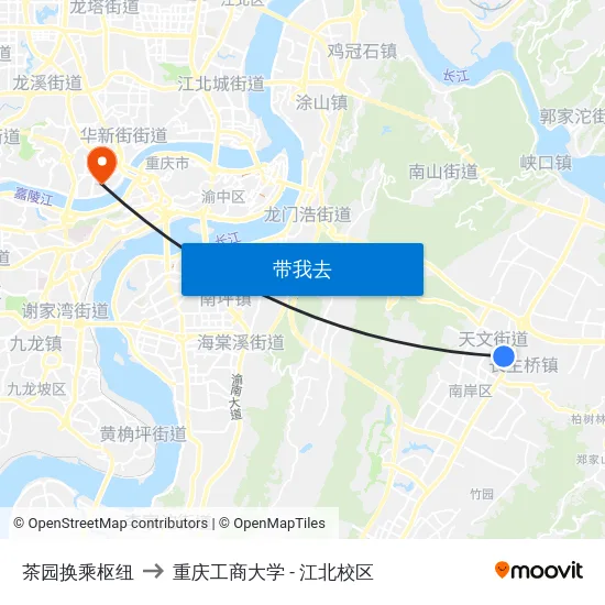 茶园换乘枢纽 to 重庆工商大学 - 江北校区 map