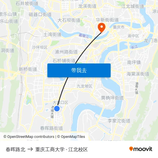 春晖路北 to 重庆工商大学 - 江北校区 map
