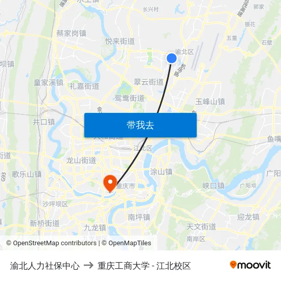 渝北人力社保中心 to 重庆工商大学 - 江北校区 map