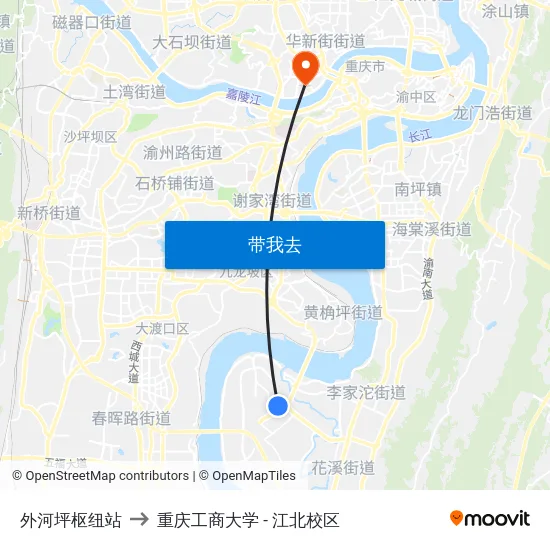 外河坪枢纽站 to 重庆工商大学 - 江北校区 map