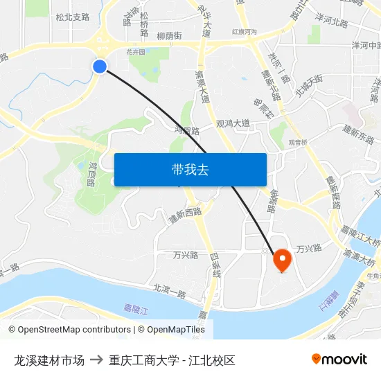 龙溪建材市场 to 重庆工商大学 - 江北校区 map