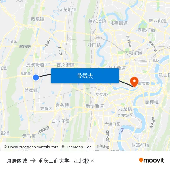 康居西城 to 重庆工商大学 - 江北校区 map