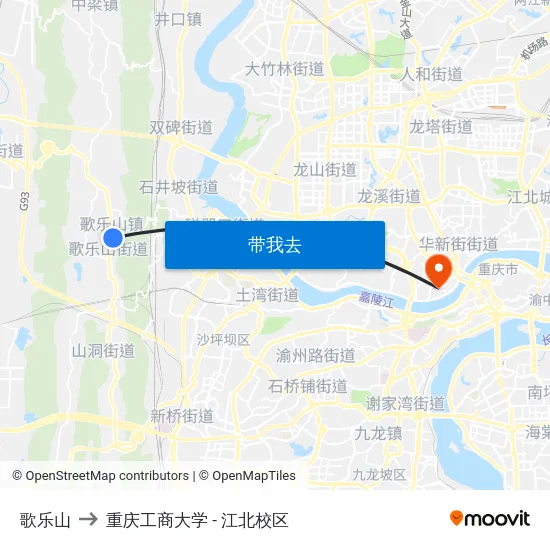 歌乐山 to 重庆工商大学 - 江北校区 map