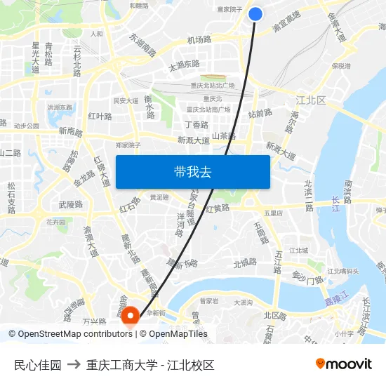 民心佳园 to 重庆工商大学 - 江北校区 map