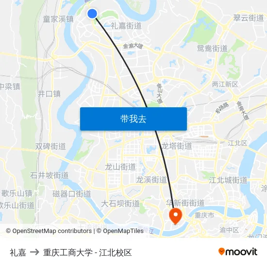 礼嘉 to 重庆工商大学 - 江北校区 map