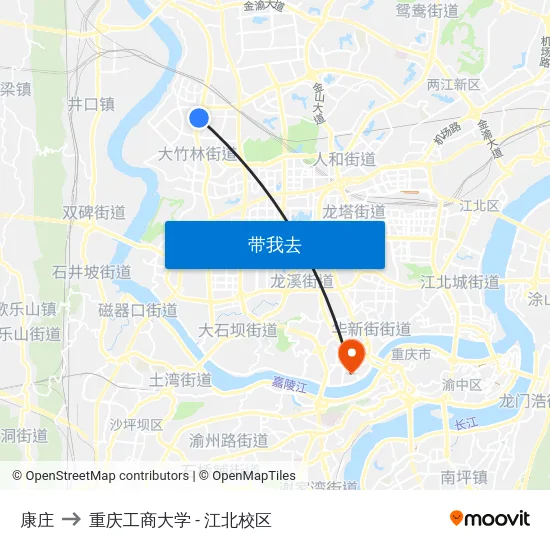 康庄 to 重庆工商大学 - 江北校区 map
