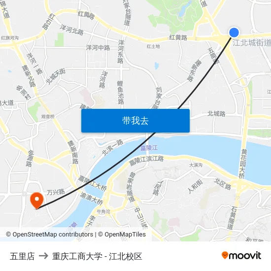 五里店 to 重庆工商大学 - 江北校区 map