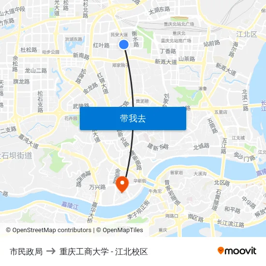 市民政局 to 重庆工商大学 - 江北校区 map