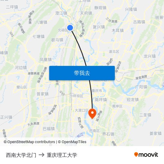 西南大学北门 to 重庆理工大学 map