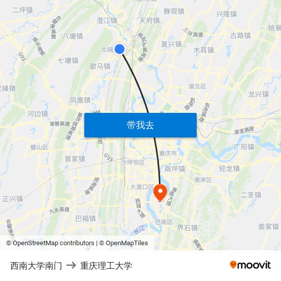 西南大学南门 to 重庆理工大学 map