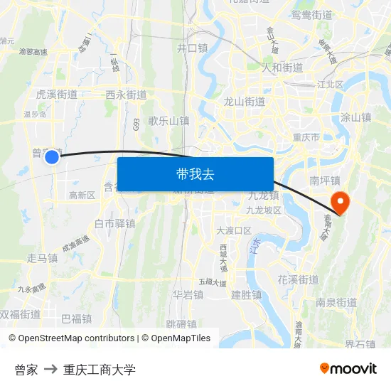 曾家 to 重庆工商大学 map