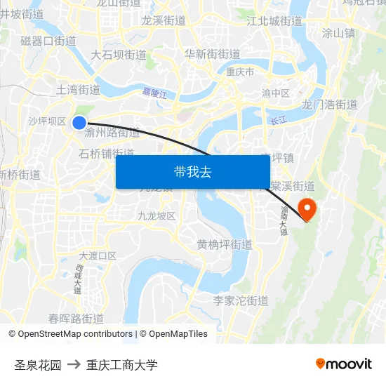 圣泉花园 to 重庆工商大学 map