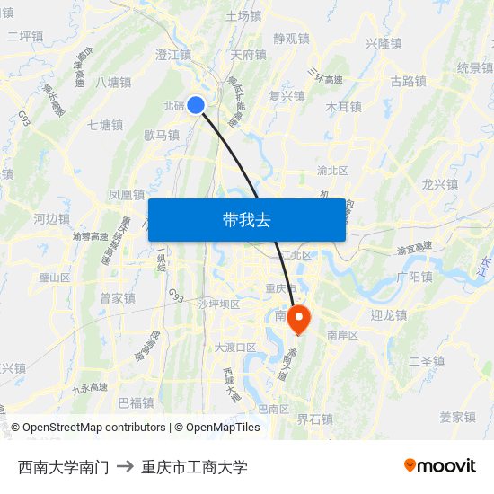 西南大学南门 to 重庆市工商大学 map