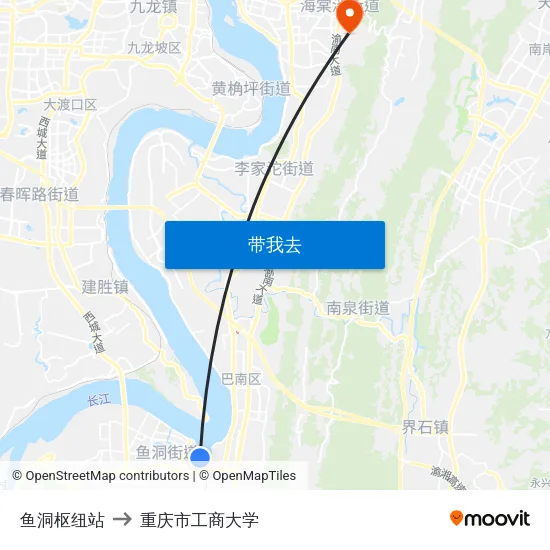 鱼洞枢纽站 to 重庆市工商大学 map