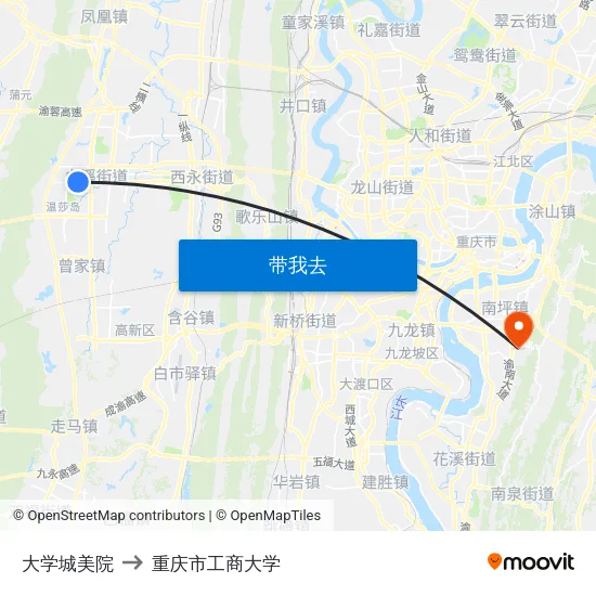 大学城美院 to 重庆市工商大学 map