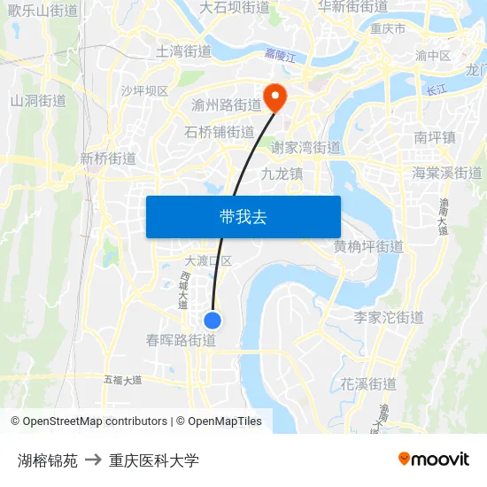 湖榕锦苑 to 重庆医科大学 map