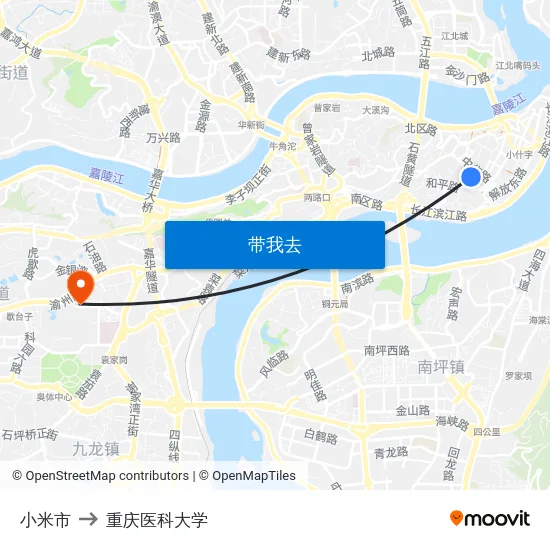 小米市 to 重庆医科大学 map