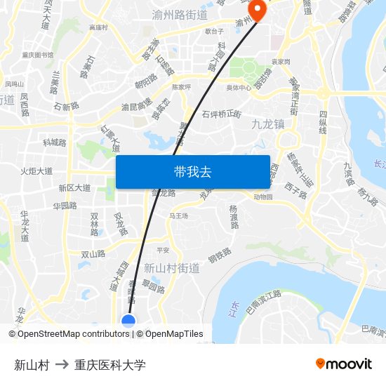 新山村 to 重庆医科大学 map