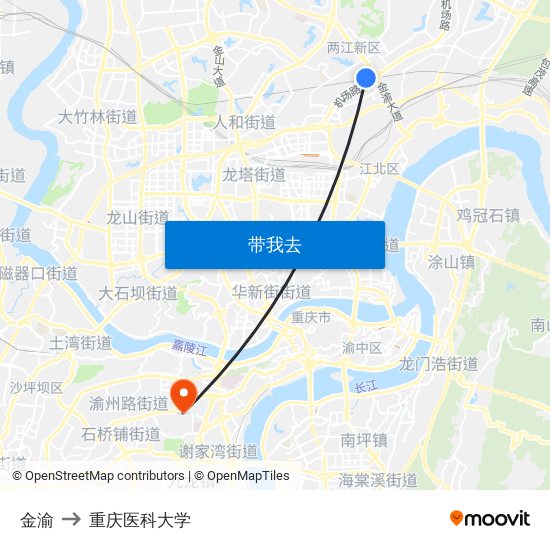 金渝 to 重庆医科大学 map