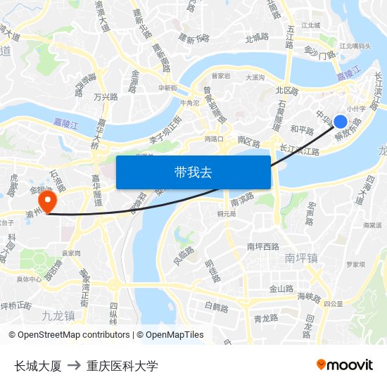 长城大厦 to 重庆医科大学 map