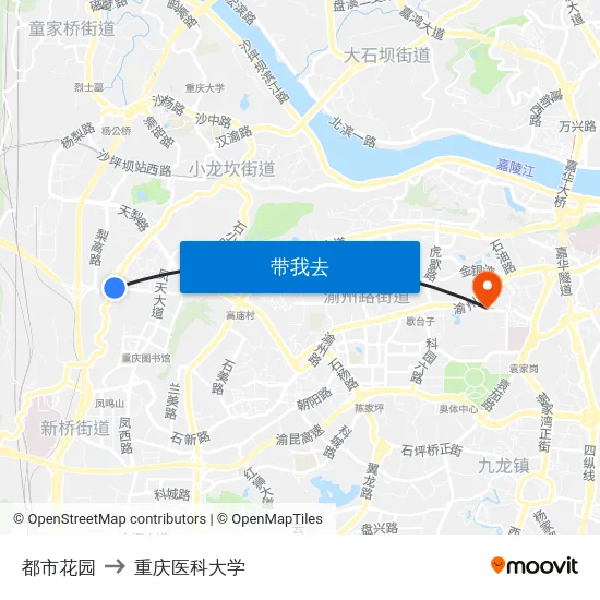 都市花园 to 重庆医科大学 map