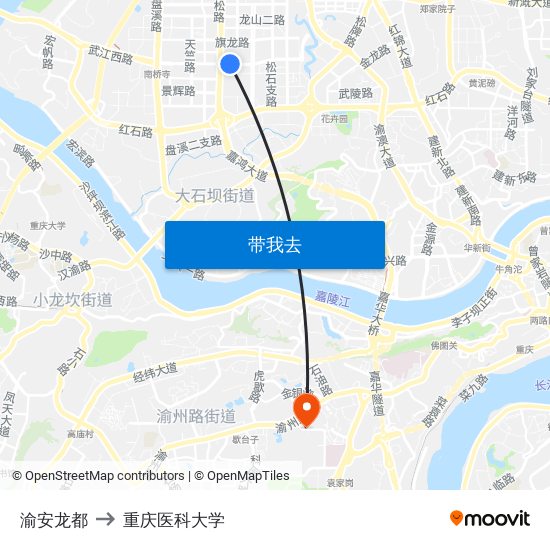 渝安龙都 to 重庆医科大学 map