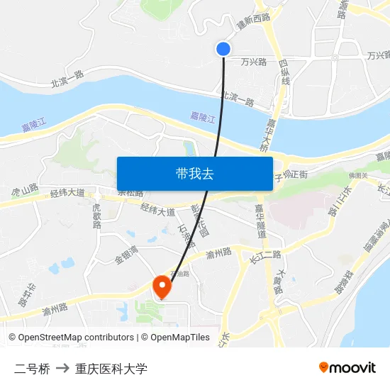 二号桥 to 重庆医科大学 map