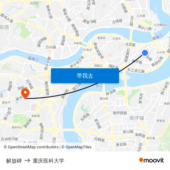 解放碑 to 重庆医科大学 map