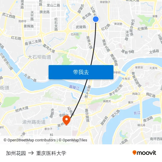 加州花园 to 重庆医科大学 map