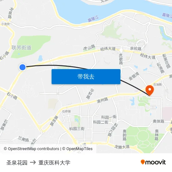 圣泉花园 to 重庆医科大学 map