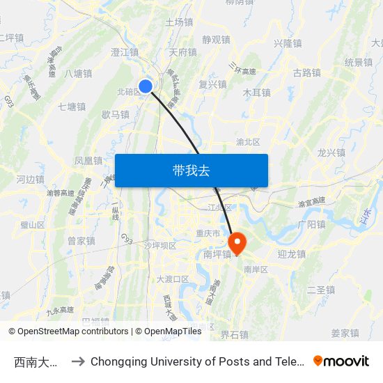 西南大学北门 to Chongqing University of Posts and Telecommunications map