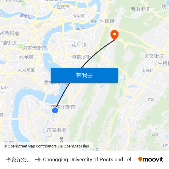 李家沱公交车场 to Chongqing University of Posts and Telecommunications map