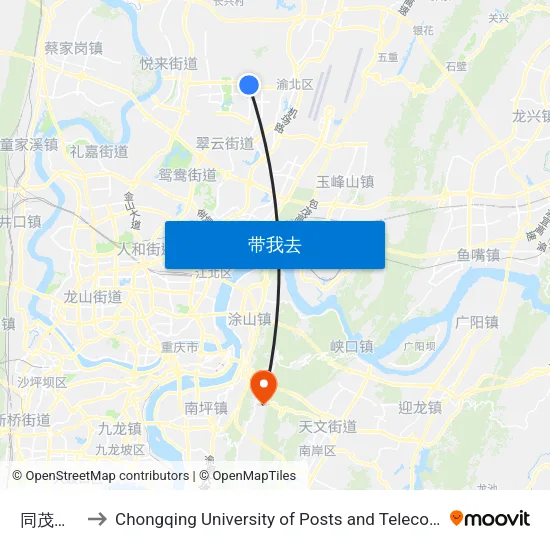 同茂大道3 to Chongqing University of Posts and Telecommunications map