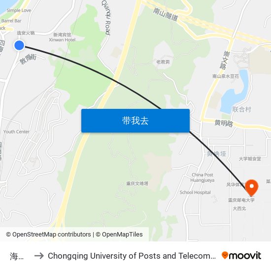 海棠溪 to Chongqing University of Posts and Telecommunications map