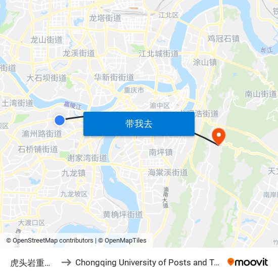 虎头岩重庆总部城 to Chongqing University of Posts and Telecommunications map