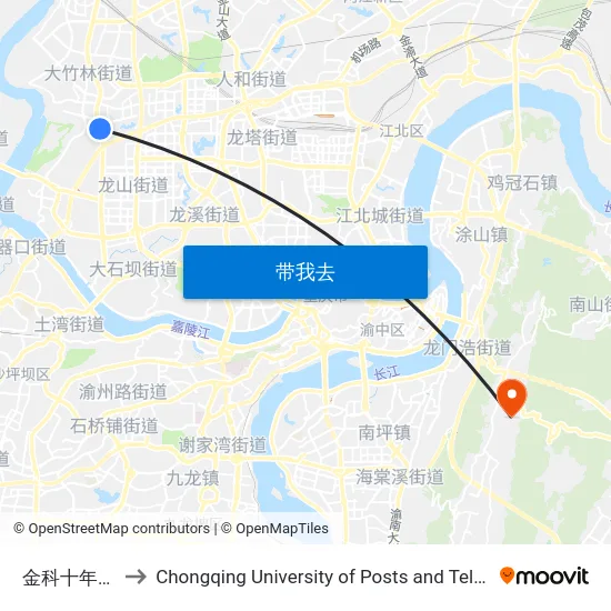 金科十年城东门 to Chongqing University of Posts and Telecommunications map