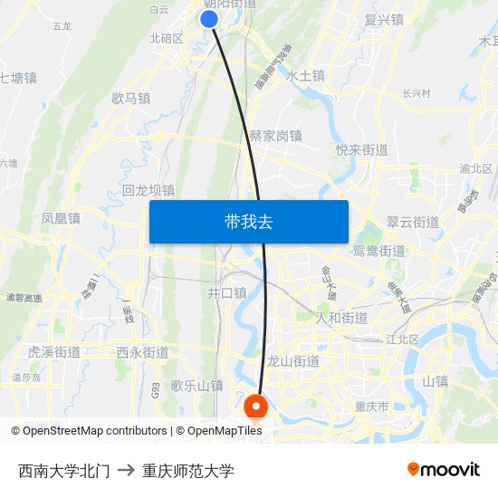 西南大学北门 to 重庆师范大学 map