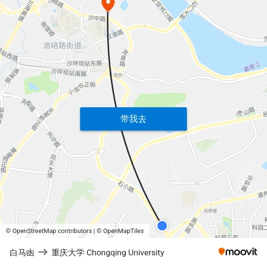 白马凼 to 重庆大学 Chongqing University map