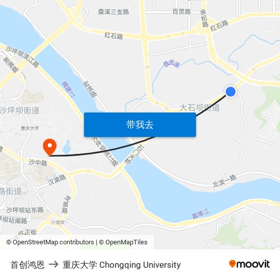 首创鸿恩 to 重庆大学 Chongqing University map