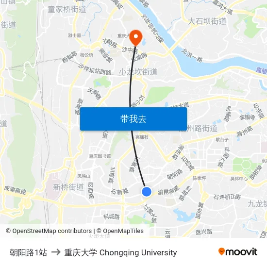 朝阳路1站 to 重庆大学 Chongqing University map