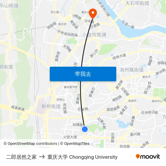 二郎居然之家 to 重庆大学 Chongqing University map