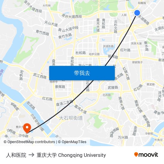 人和医院 to 重庆大学 Chongqing University map